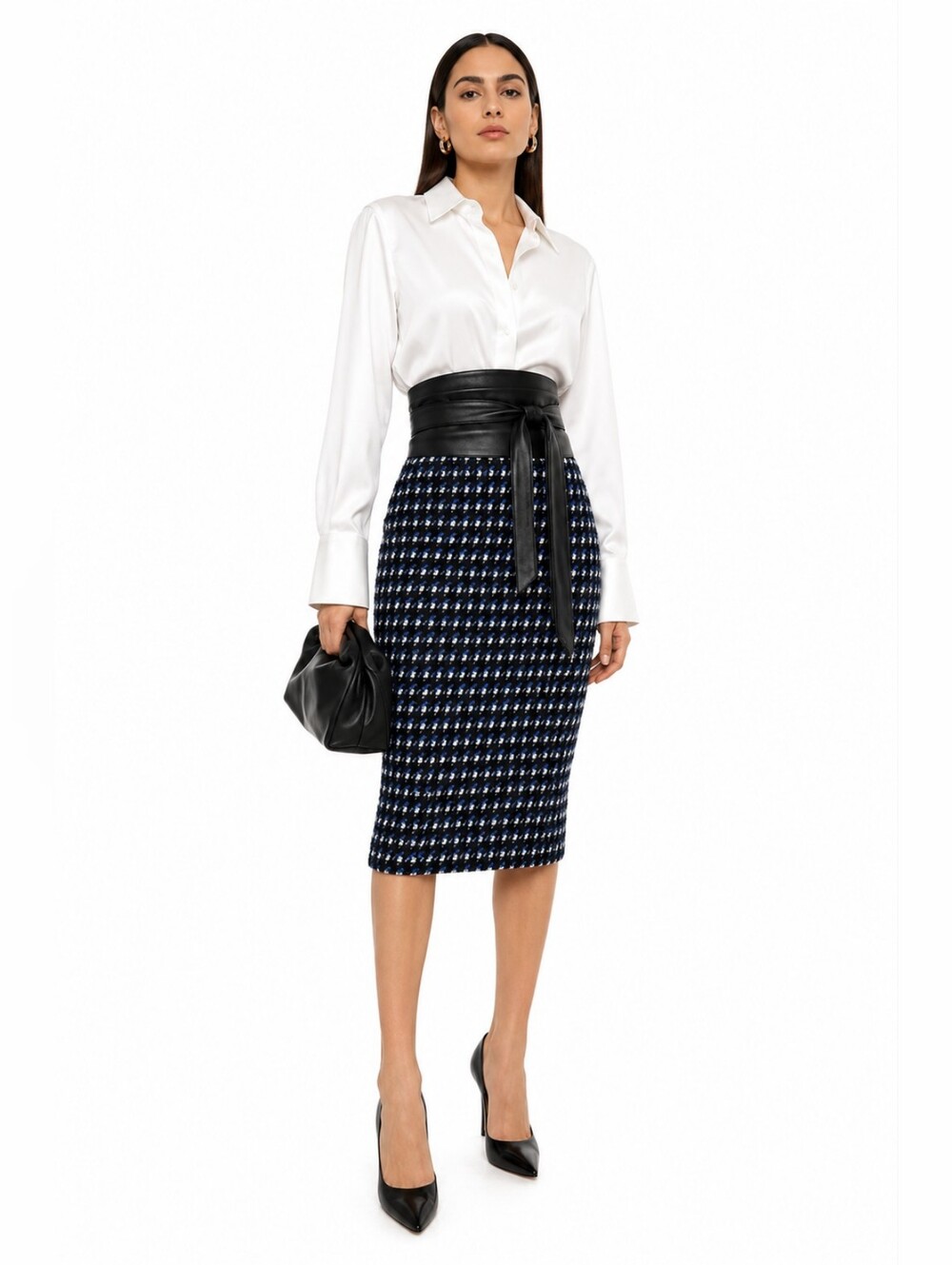 Victoria Beckham Houndstooth Cotton Pencil Skirt
